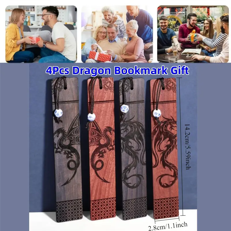 4Pcs Dragon Print Wood Bookmarks Set Pack, Fantasy Theme Fish & Aquatic Decorations, Gift Ideas for Adults
