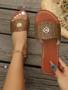 Summer New Girls' Fashion Women Flat Square Toe Bohemian Style Sandals, Casual PU Leather Slippers, Outdoor Wear, Solid Pattern, Medium Width
