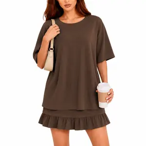 CHYRII Womens Oversized T Shirt and Ruffle Mini Skirt Set Casual Summer Lounge 2 Piece Outfit Vacation Beach Matching Set