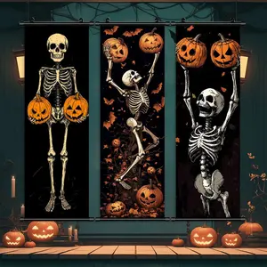3 Counts Halloween Hanging Banner, Skeleton And Pumpkins, Halloween Mural And Decorative Posters, Fun Party Decorations, Horror Themes, Living Room, Bedroom, Home Posters, High Definition, Waterproof, Ideal Gifts