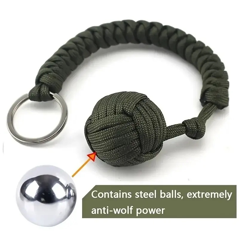 Outdoor camping and mountain climbing self-protection survival steel ball keychain, umbrella rope keychain