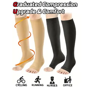 2 Pairs Unisex Copper Ion Compression Socks, Open Toe Knee High Socks, Suitable For Running, Cycling, Yoga - Breathable Blended Fabric, Durable Knit Material, Machine Washable