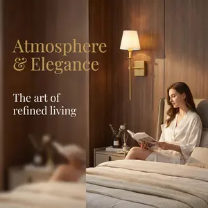 Modern Brass Wall Sconce Set of 2, Fabric Shade Bedside Wall Light, Minimalist Mid Century Wall Lamp for Bedroom Living Room Hallway Soft Ambient Lighting Home Decor