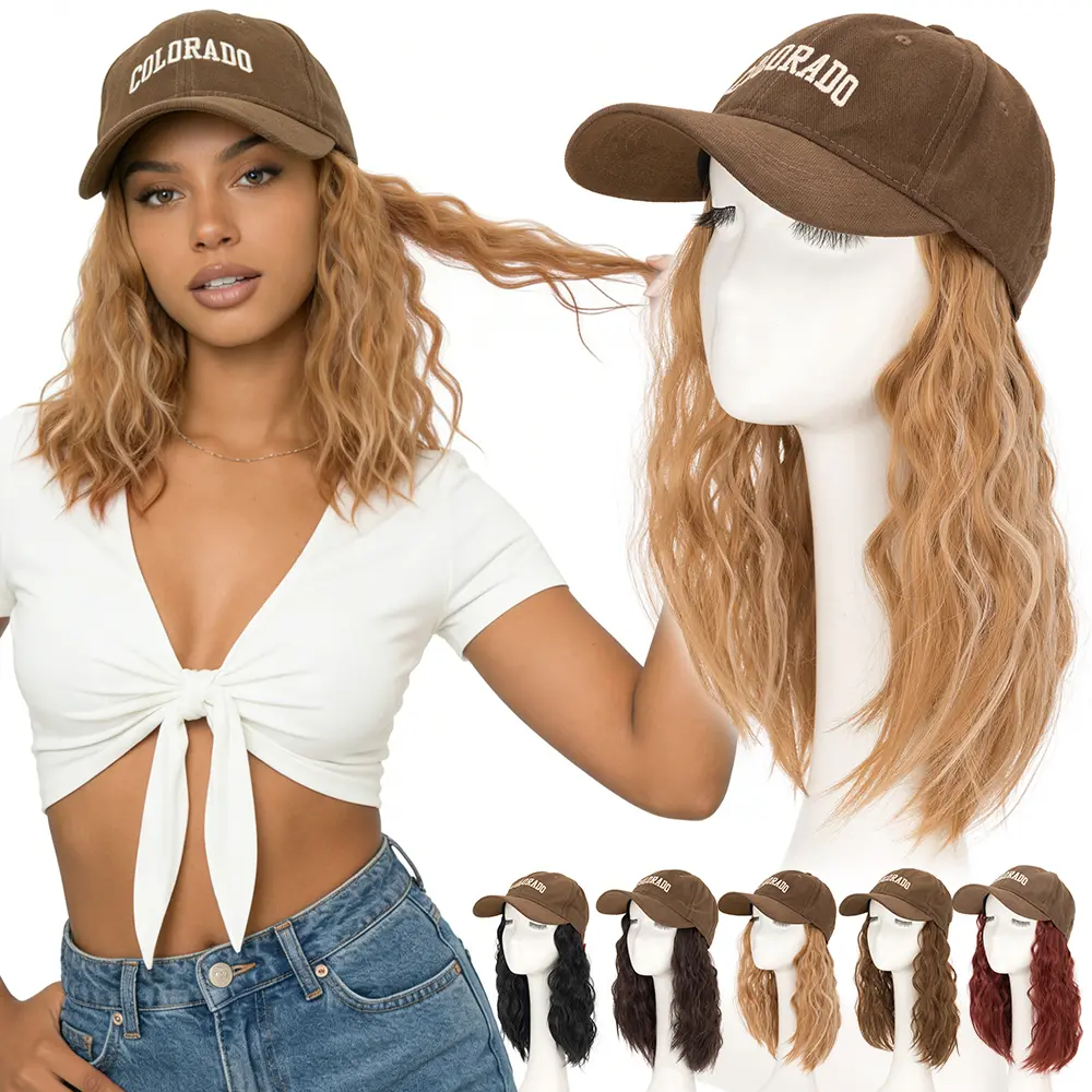 8 Inch Brown Baseball Cap With Hair Extensions BOB Synthetic Hair With Attached Brown Hat With Wavy Curly Hair Extensions For Women