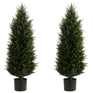 2-Piece Evergreen Artificial Topiary Tree Set – 3FT Cedar, 4FT UV-Resistant Pine with Resin Trunk, Realistic Plastic Leaf Faux Cypress, Outdoor Decor for Front Porch, Indoor Home Decorative Plants