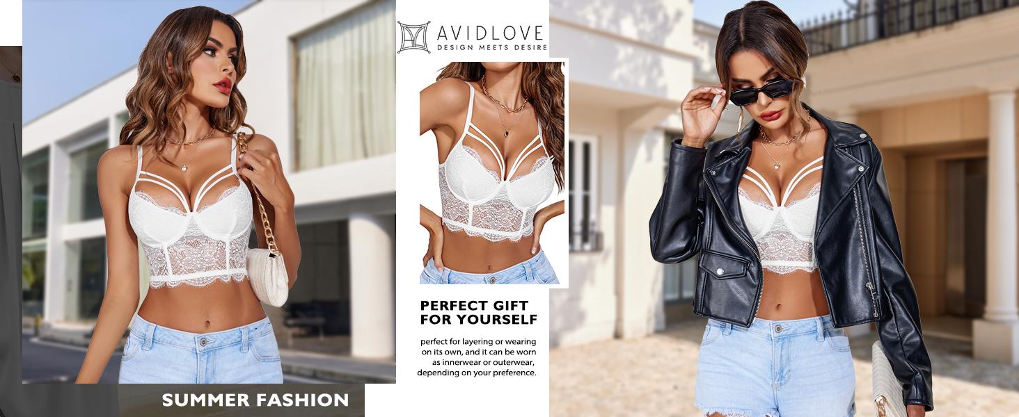 Avidlove Lace Bralette for Women V Neck Camisoles Adjustable Strap Two Layer Crop Top Bustier Tops Floral Pattern Backless Breathable Blazer Womenswear Avidlove Lace Bralette for Women V Neck Camisoles Adjustable Strap Two Layer Crop Top Bustier Tops Floral Pattern Backless Breathable Blazer Womenswear