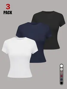 Women's Crewneck Tighten Waist T-Shirt, Casual Short Sleeve Workout Top, Solid Color Basic Tee, Organic Textile, Loose-Fitting, Activewear