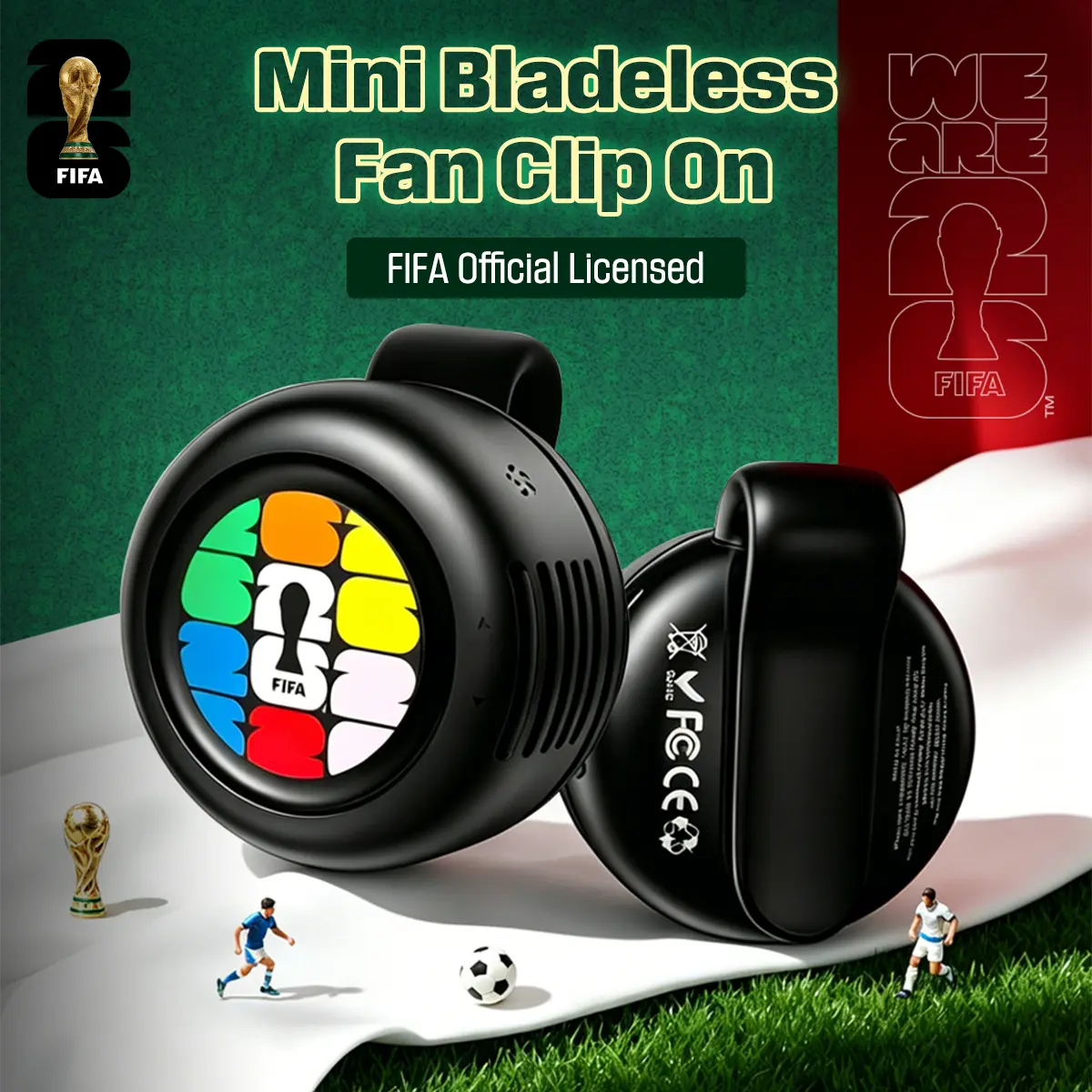 FIFA F26F01 Rotatable 3 Speeds Control Clip-On Mini Fan for 2026 World Cup Games, Lightweight Portable Cooling Fan, Quiet Operation, Suitable for Indoor, Office and Outdoor Use, Hands-Free Personal Fan for Daily Cooling