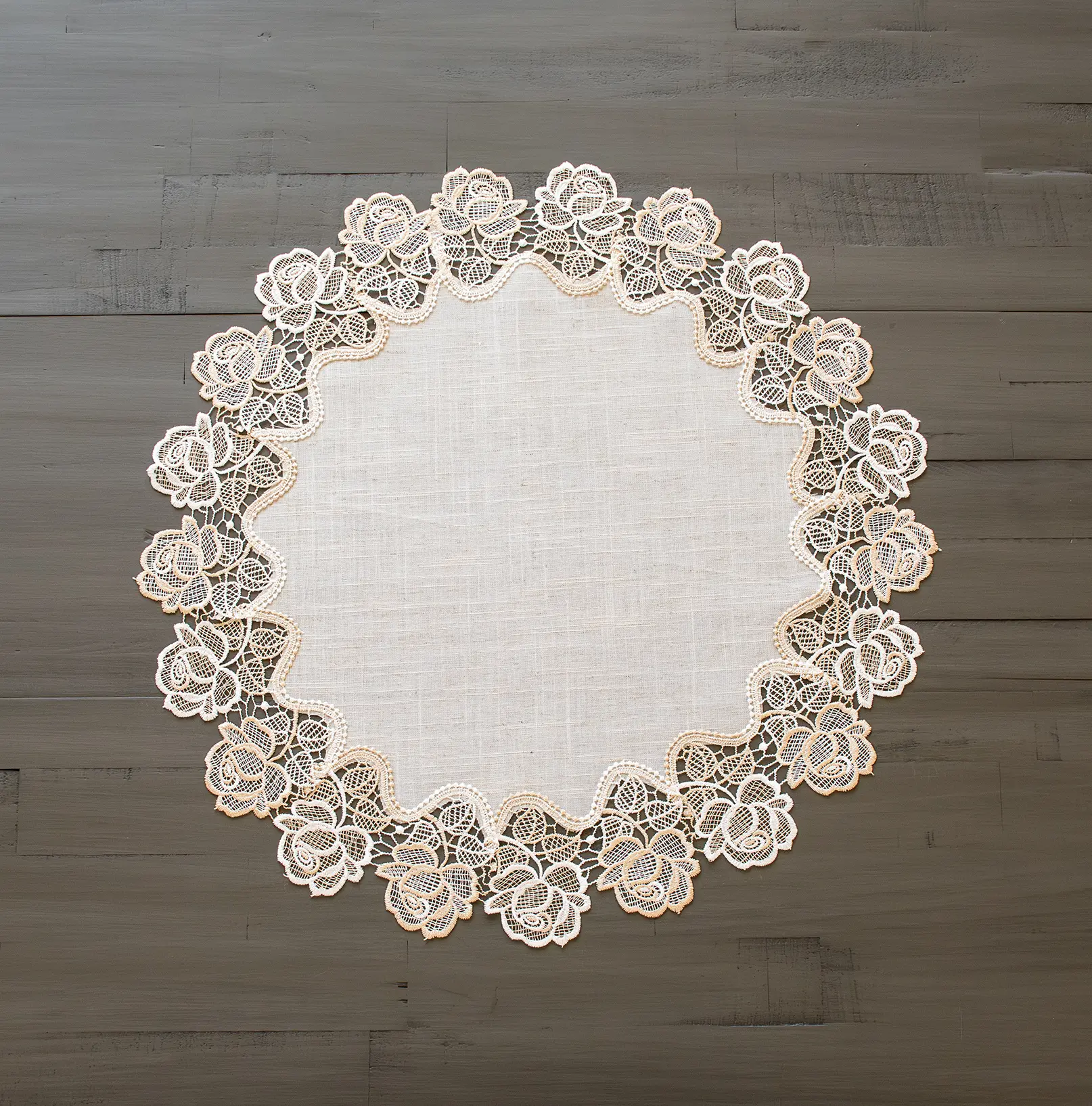 Linens Art And Things Beige Rose Lace Round Table Topper - Classic Style, Waterproof, Wrinkle Resistant, Durable, Machine Washable, All Seasons (23in/33in Sizes)
