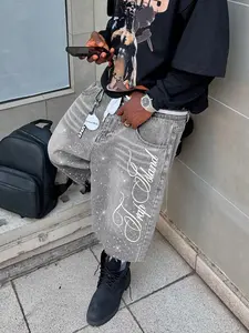 Embroidered Rhinestone Denim Shorts, Letter Embroidery Casual High-Waisted Pants, Loose Fit American Street Style for All Seasons