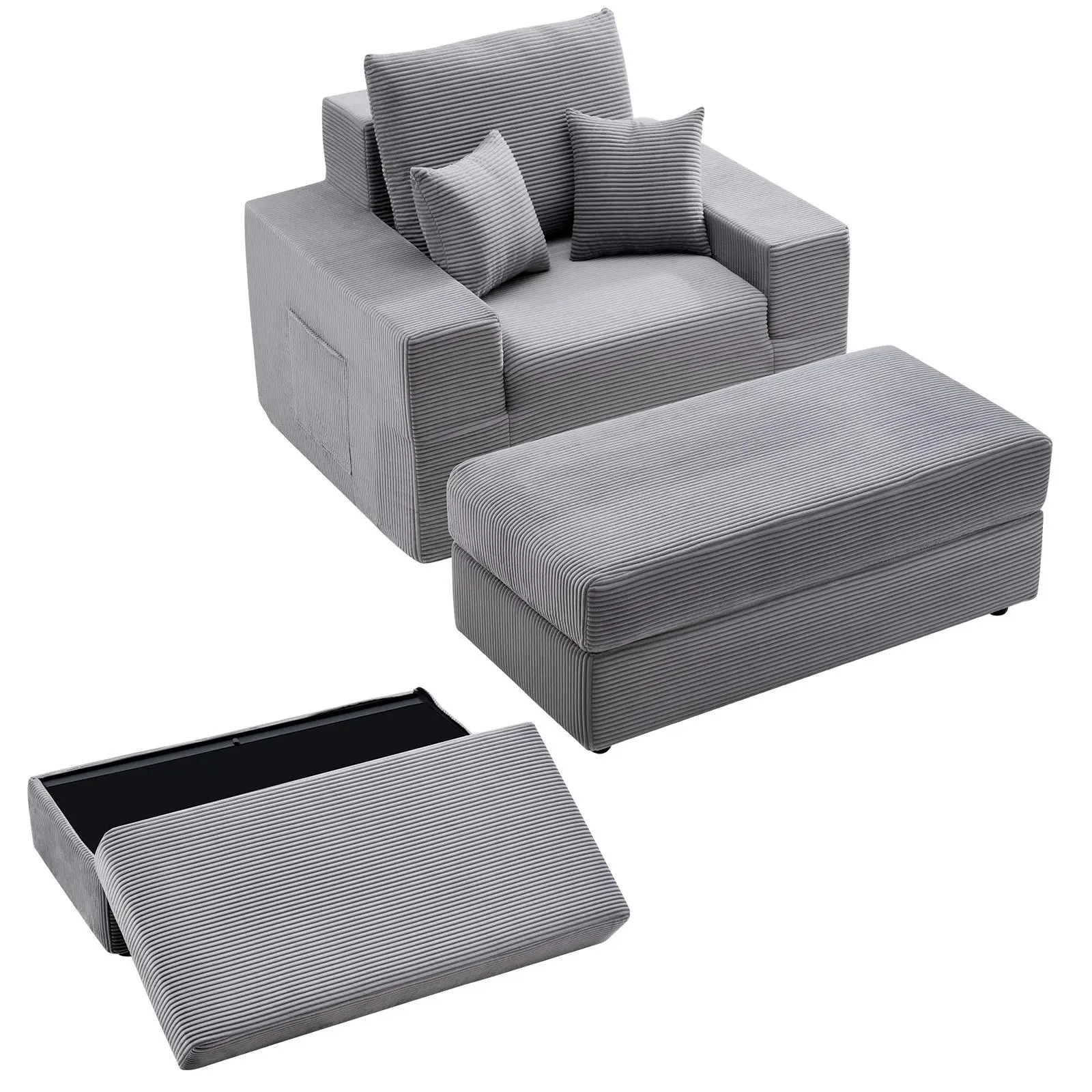 VEVOR Ergonomic Upholstered 44in Boneless Modular Chaise Lounge, Oversized Corduroy Reading Piece with Throw Pillows & Armrests, Deep Seat Sleeper for Living Room, Bedroom, Grey