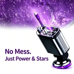 Purple Starry Sky LED Car Charger, 4-in-1 120W Fast Charge Retractable Cable Multi-Port USB C Car Interior Accessory Multi-Phone type-c dual automotive built-in starlight projector air