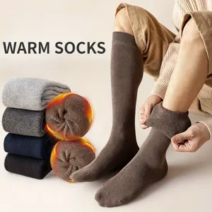 Women's 4-Pair High-Tube Beige Solid Color Terry Cotton Socks, High-Elastic Soft Thick Piled Cold-Leg Warmers, Solid Color Socks