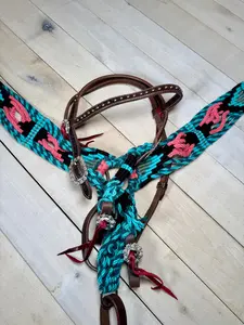 Sangria Teal, Pink Gray Woven Beaded Concho Tack Set