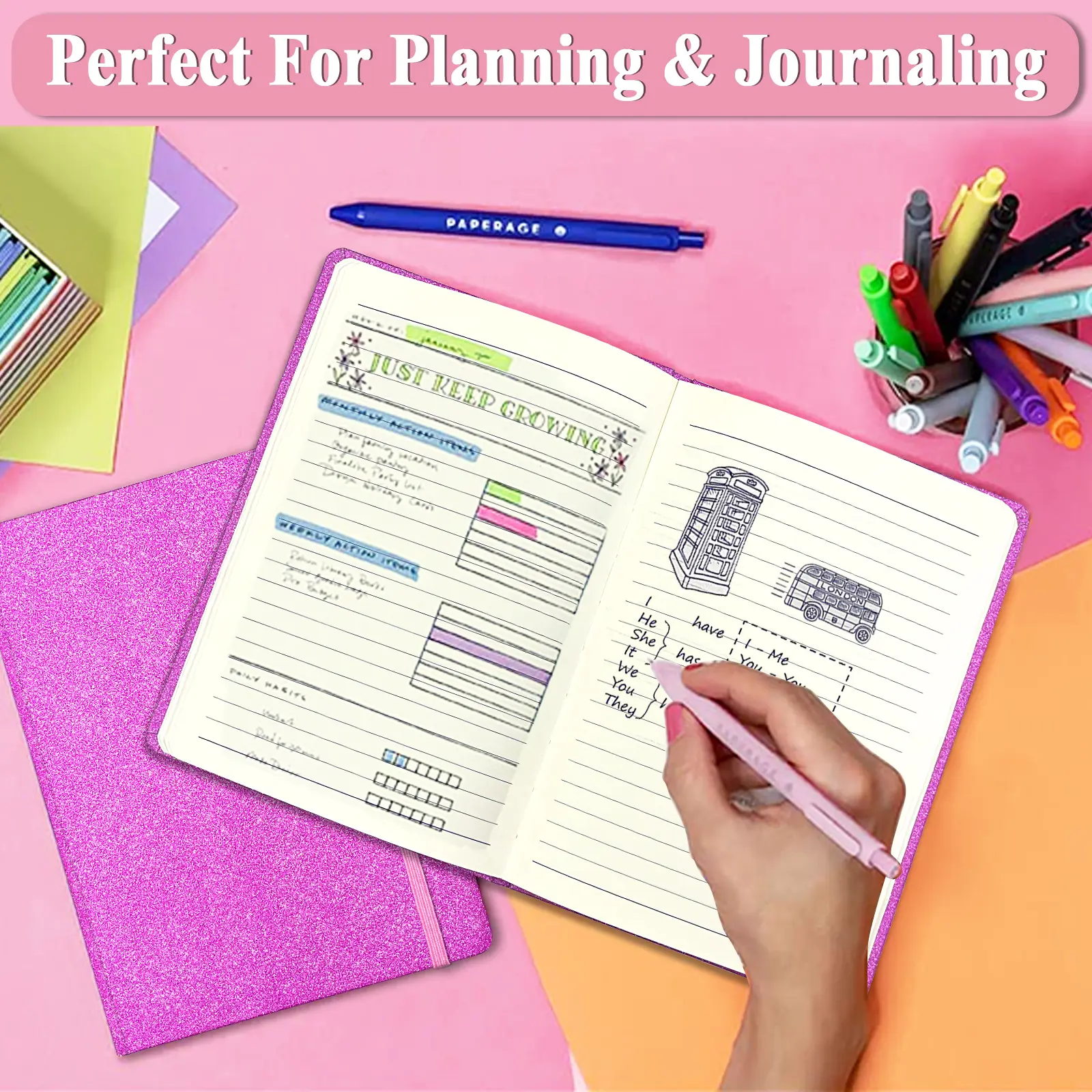 Sparkly Notebook Set for StudyTok | Bullet Journal & Daily Planner | Non-Shed Glitter Cover, 160 Pages Lined for College Girls