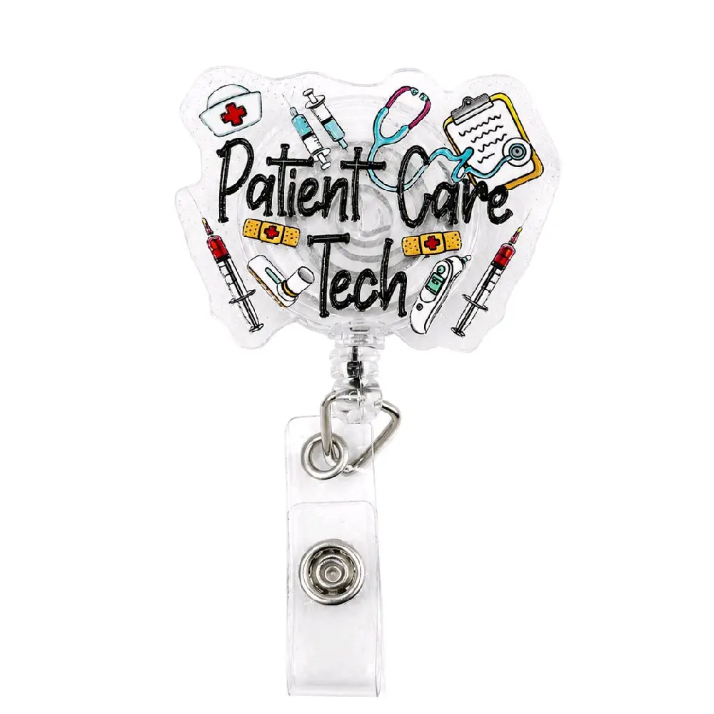 Patient Care Tech PCT Clear Acrylic Retractable Badge ID Reel Belt or Alligator Clip