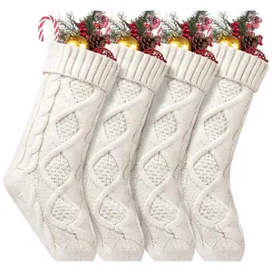 4 Pack Christmas Stockings 18 Inches Large Size Cable Knitted Stocking Gifts & Decorations for Family Holiday Xmas Party, Ivory White