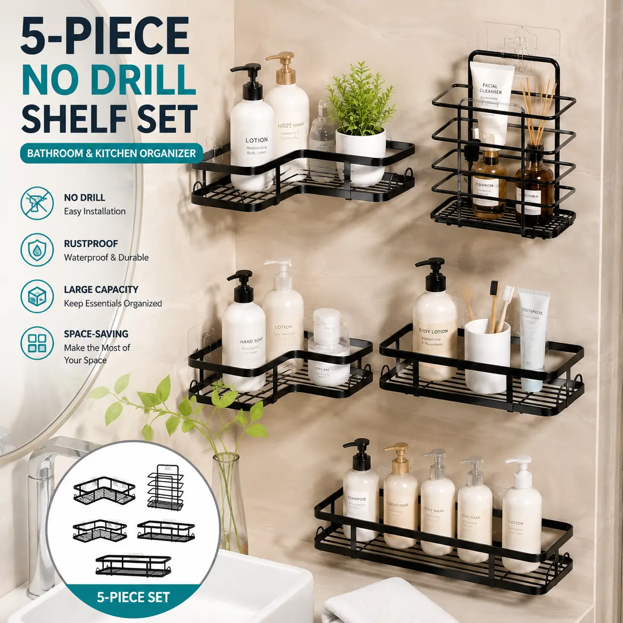 5-Pcs Durable Rust-Free Metal Bathroom Accessory Set - Black Storage Rack, Corner Shelf, Soap Holder, Toothbrush Holder, Shower Caddy with Adhesive-Suction Mounts, Space-Saving for Small Spaces, Easy Installation, Modern Design, Black Storage Rack - 5Pcs