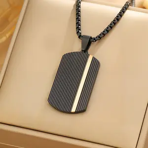 High-End Black Striped Military Tag Necklace for Men Fashion Titanium Steel Chain with Light Luxury Polished Pendant Cool Stylish Men's Jewelry Gift