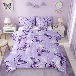 Butterfly 7 Piece Comforter Bed Set,Women Girls Romantic Purple Butterflies Bedding Set,Cartoon Firework Bed Bag,Garden Room Decor Flat Sheet Flying Bed Set