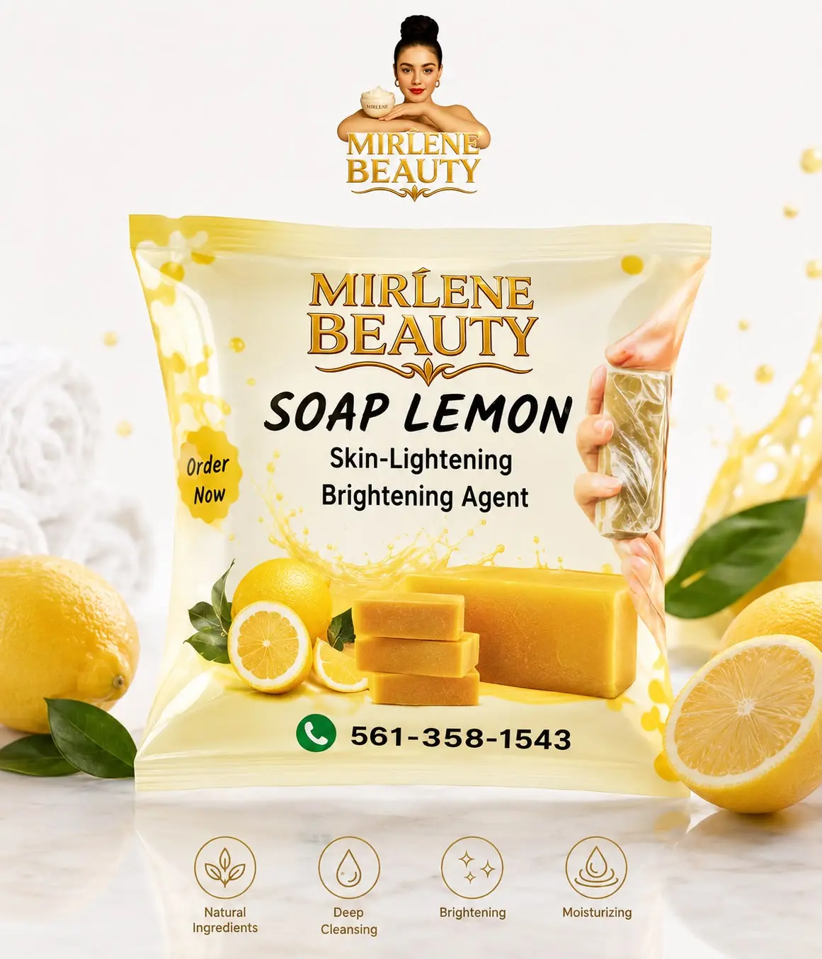 Mirlene Beauty Lemon Soap, 4oz Natural Face & Body Cleanser for Daily Bath & Shower Use