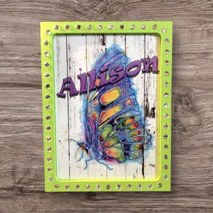 7" x 9" Custom personalized butterfly art with rhinestone frame
