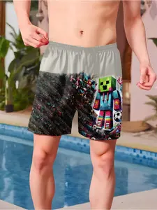 Boys' Building Block Cartoon Beach Shorts, Fun Game Elements, Trendy Little Player, Casual Fitted Boxers/trunks, All Seasons, Swimwear Shorts, Swimsuit