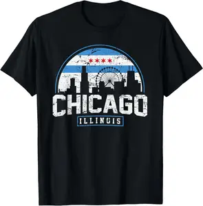 100% Cotton Top Chicago Illinois Flag Tees Vintage Skyline T-Shirt