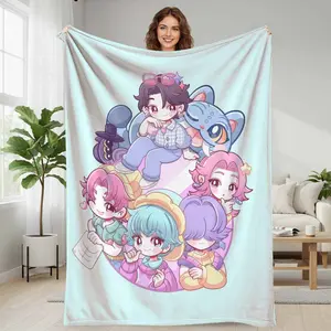 Cute Anime Chibi Crew Flannel Blanket  Adorable Character Art Print  UltraSoft Cozy Warm Lightweight Durable Bedding  Perfect for Sofa Couch Bed Living Room Bedroom Decor  Ideal for Fans Friends Colleagues Gift  Birthday Christmas Housewarming Present