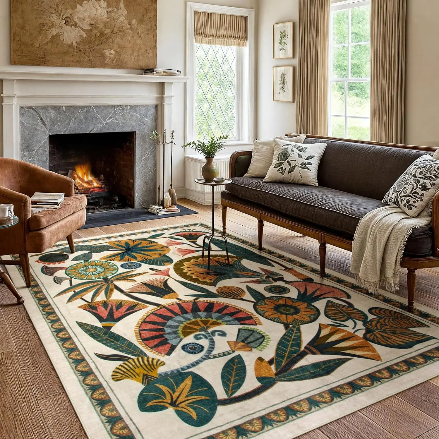 Tropical Jungle Leaf Carpet, Luxury Vintage Home Decor, Non-Slip Rug, Bohemian Area Rug, Soft Comfort Sofa Coffee Table Mat, Suitable for Living Room Bedroom Baby Room, Modern Bohemian Rug
