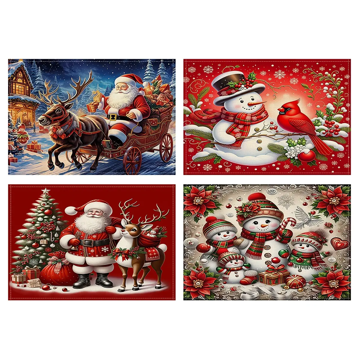 4pcs Christmas decorative placemats, 12x18 inches with red pine branches and flower design, coasters, plate mats, Santa Claus snowman reindeer pattern dining table anti slip insulation mats, used for holiday kitchen party home dining table decoration