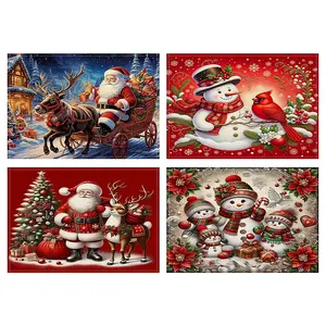 4pcs Christmas decorative placemats, 12x18 inches with red pine branches and flower design, coasters, plate mats, Santa Claus snowman reindeer pattern dining table anti slip insulation mats, used for holiday kitchen party home dining table decoration
