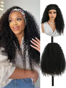 16 inch Glueless Non Lace Front Wig Machine Made Wigs,Headband Wigs for Black Women Ombre Brown Black Burgundy Short Afro Kinky Curly Glueless Headband Wig ,Brazilian Wet and Wavy Curly Hair Headband Half Wigs