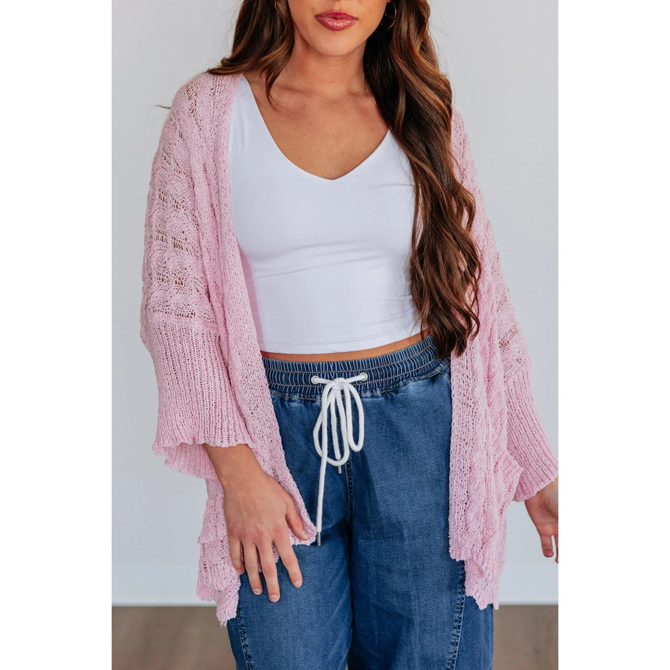 Old Rose Drop Shoulder Crochet Knit Open Front Cardigan