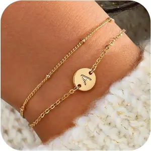 Christmas Initial Bracelets Gifts for Women Trendy - 18K Gold Plated Letter Bracelet Dainty Disc Monogram Charm Bracelet Gifts