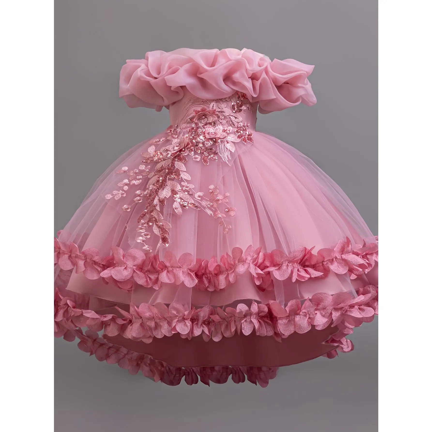 Girls' Elegant Sleeveless Princess Gown Dresses - Breathable Polyester Blend, Low Hem, Floral Appliques, Belt Detail, Ideal for Special Events