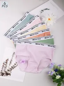 Women's Letter Tape Ribbed Seamless Knicker, Korean Wear, Casual Style Pastel Comfy Fit Mid Rise Elastic Waist Summer Brief, Women's Underwear, Back-to-school Clothing, Basic Breathable Panties for Women, Womenswear, Fall Wear, Fallfreshness, Lady
