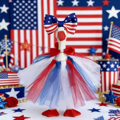 Patriotic 7 In Snug-Fit American Flag Themed Goose Outfits - Hat, Decor for Porch Desktop Statues, Fits 7" Goose, Stars Accent, Ideal for 4th of July (Outfits Only, No Statue Included)
