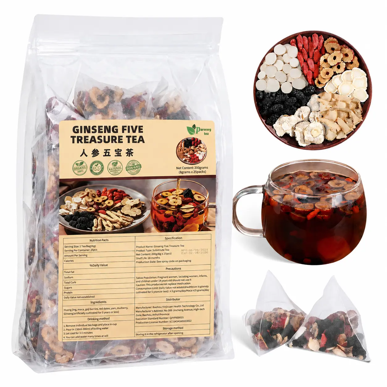 8-Precious Herbs Ginseng Kidney Health Herbal Drink, Traditional Chinese Teabag Pack with Natural Cleanse Detox for Adults (1 Pack/25 Bags)
