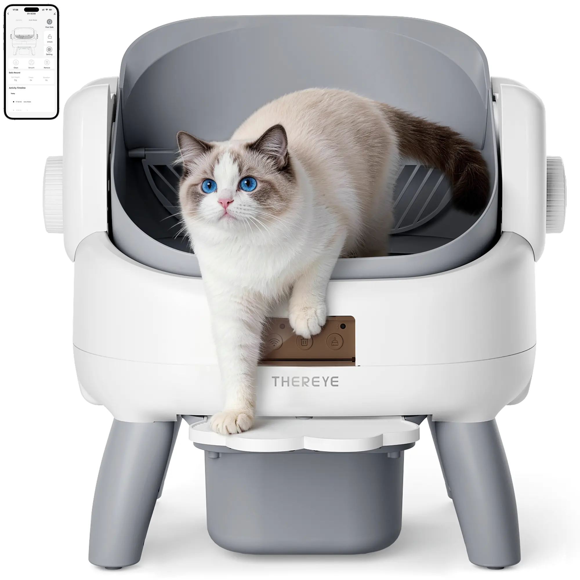 Thereye Open-Top Self-Cleaning Litter Box: Extra-large 10L waste bin, smart app control, anti-pinch design, odor-free, includes waste bags; suitable for all types of cats.