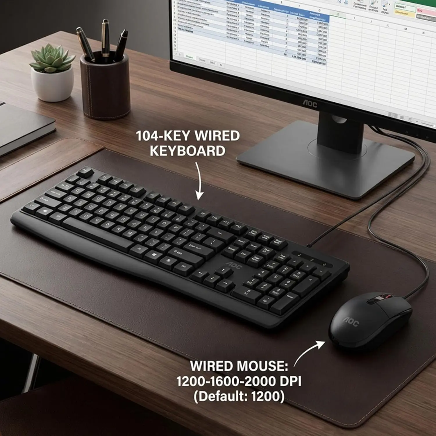 AOC Cost-Effective Wired Keyboard Mouse Combo-Stable and Durable, 10 Million Keystroke Lifespan, Ergonomic Comfortable Grip, Plug & Play , Full-Size Keyboard with Numpad, 3-Level DPI Mouse, Ideal for Office Work, Learning, and Light Gaming