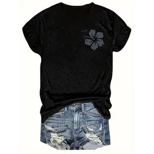 FOREVER CHASING SUNSETS Graphic Tee - Womens Casual Vacation Short Sleeve T-Shirt with Palm Tree & Hibiscus Design, Black Rayon Blend Round Neck Top for Summer Outfits, Beach Apparel | Vacation Vibe Shirt | Comfortable Wear, Beach Shirt