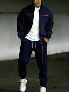 Men's Streetwear Tracksuit 2-Piece Set with PARIS Letter Print, Zip-Up Jacket and Jogger Pants