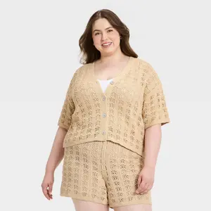 Women's Short Sleeve Cardigan Sweater - Universal Thread™ Tan 3X