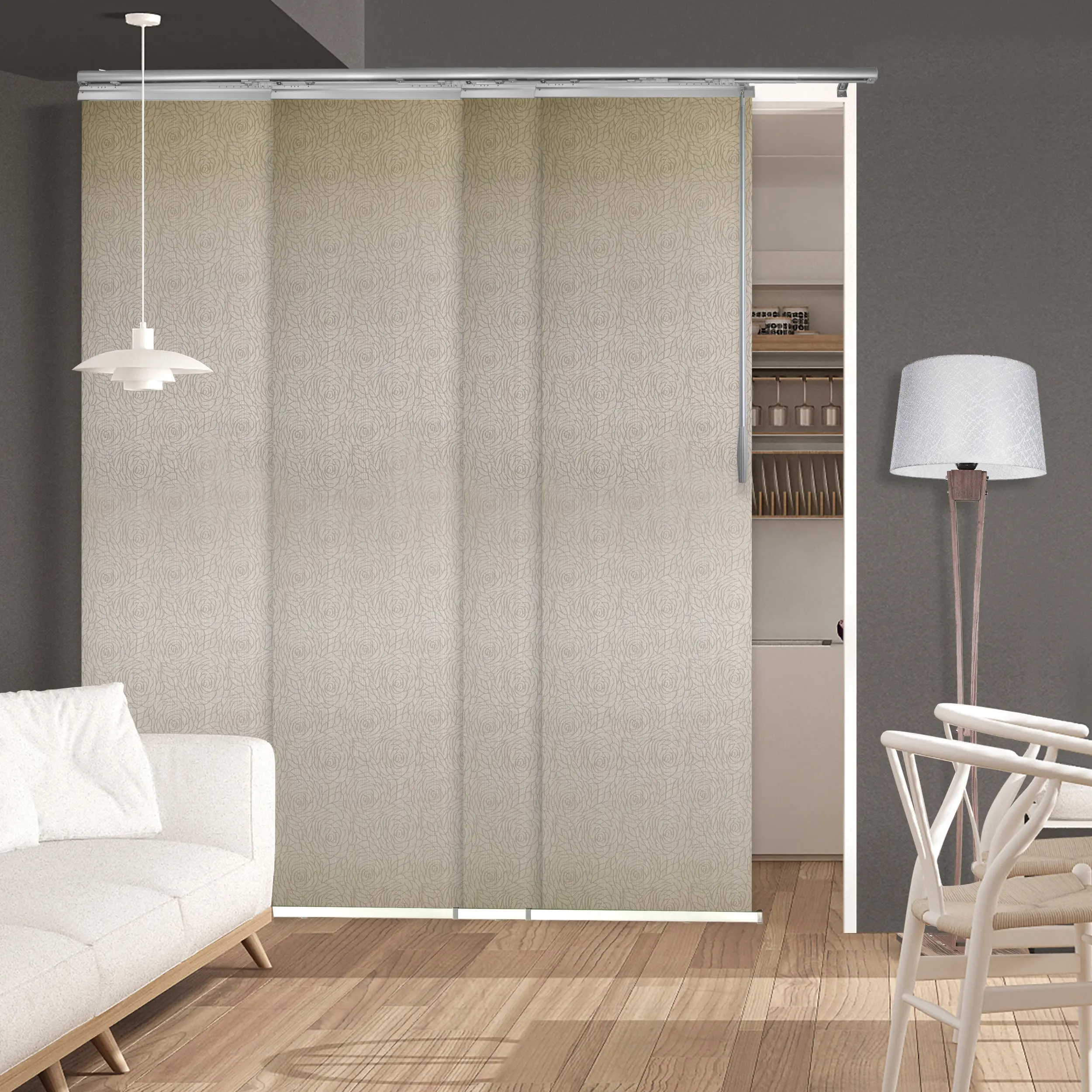 Iris 4-Panel Single Rail Panel Track 48"-88"W x 91.4"H, Panel width 23.5" - 70% LIGHT-FILTERING