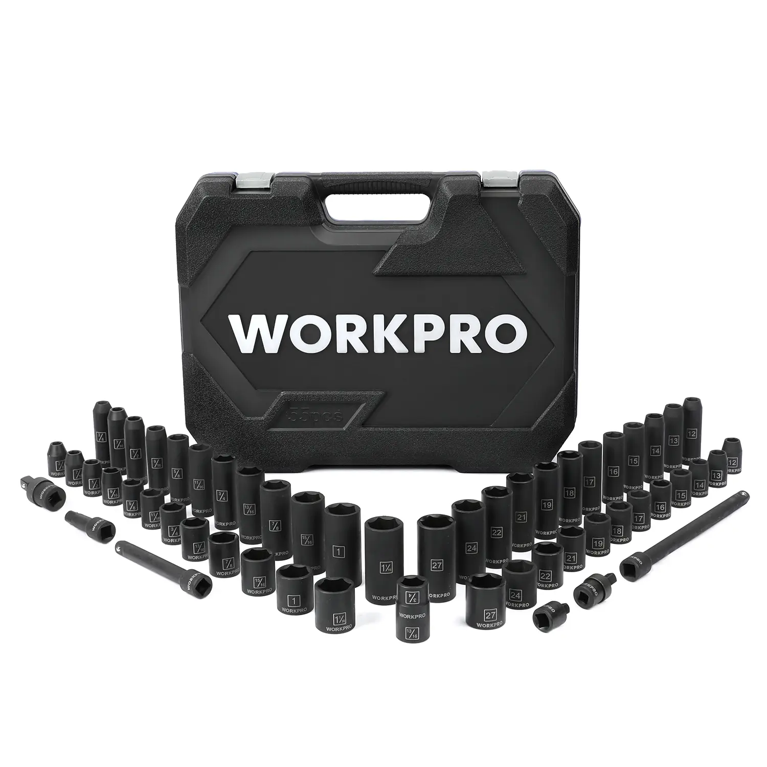 #summersale WORKPRO 1/2" Drive Impact Socket Set with Extension Bars, Premium Cr-V Steel, Complete 55-Pack, SAE and Metric Sockets with Enhanced Storage Case