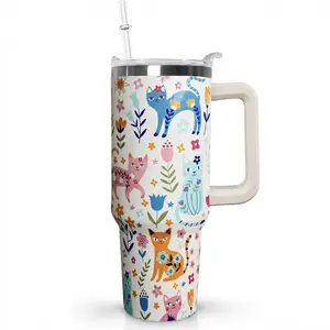 Funny Cat 40oz Insulated Stainless Steel Tumbler with Handle, Lid & Straw, Large Capacity Travel Coffee Mug Gift for Cat Lovers