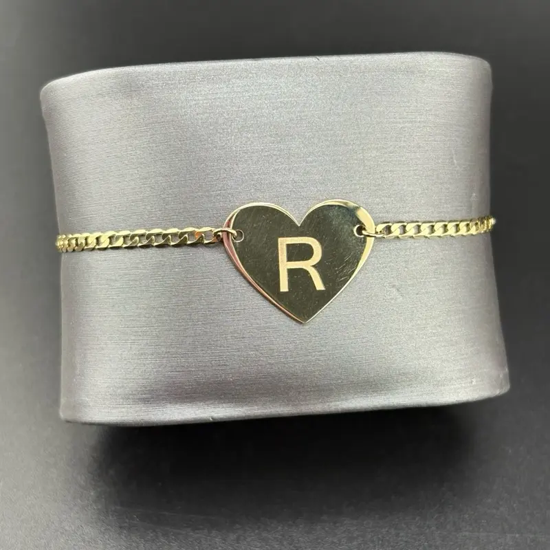 14k Gold Heart Design Bracelet - Kenia Collection Fine Jewelry, 7in Length, Customizable Letter Option