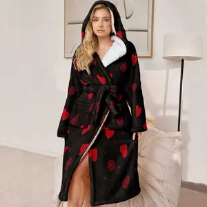 Women's Hooded Bathrobe, Soft Plush Long Robe, Puffy Heart Pattern, Heart Print Robe, Perfect Gift for Mother & Wife, High-End Ladies' Loungewear