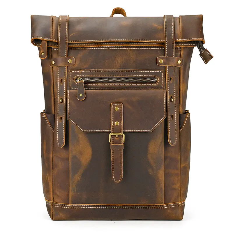 Vintage men's backpack, Crazy Horse leather, student schoolbag, large-capacity genuine leather backpack, for outdoor use, 16-inch laptop bag